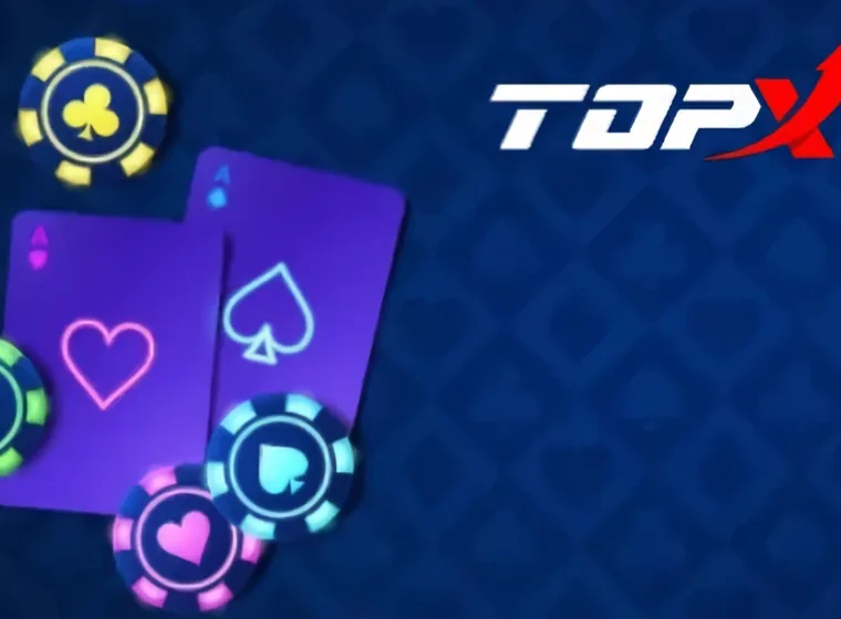 Cartas e fichas coloridas sobre fundo azul com a marca TopX